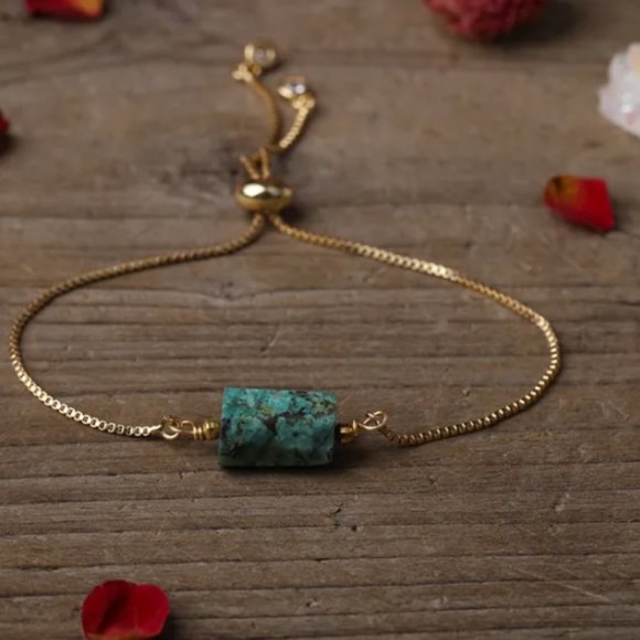 Natural Stone Teal Green Gold Drawstring Bracelet - Picture 2 of 4